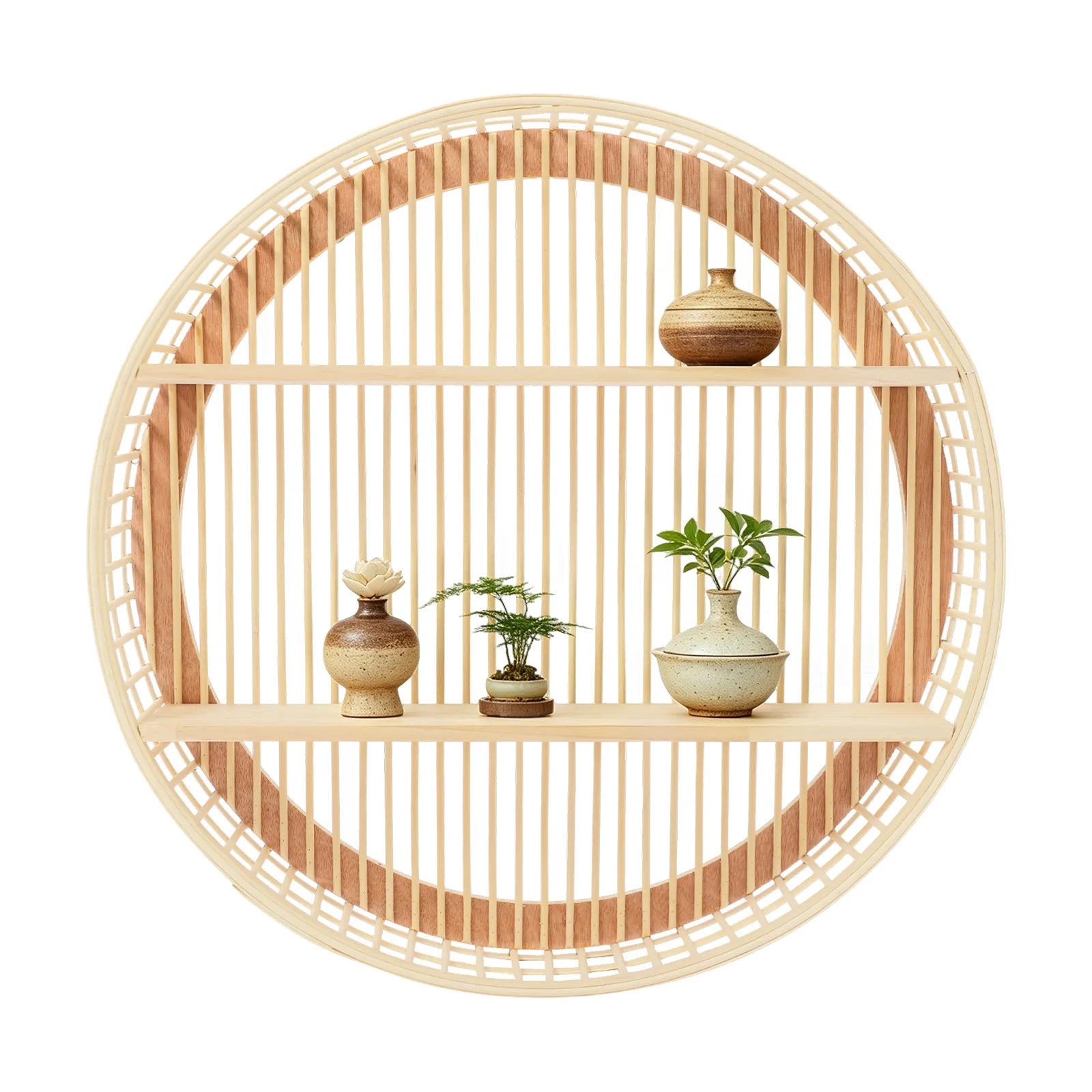 Round Wall Shelf 2 Tier Circle Wicker Hanging Shelf Display Storage Farmhouse Home Decorations or Dining Room/ Living Room/ Office/ Kitchen/Bathroom