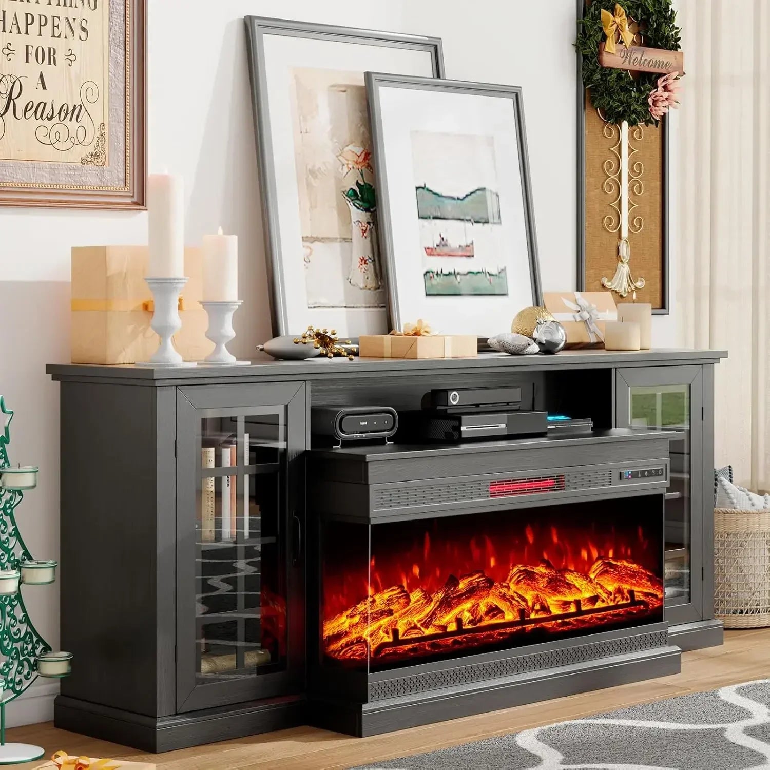 75" Fireplace TV Stand with 3-Sided Glass Electric Fireplace, Media Entertainment Center , TVs up to 85", Black