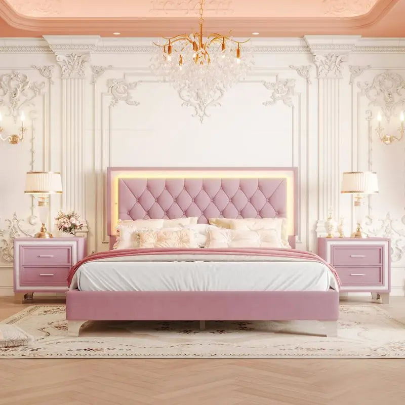 3-Piece Bedroom Set, Queen Size Upholstered Bed with LED Lighting & 2 Nightstands, Pink Upholstered Platform Bed