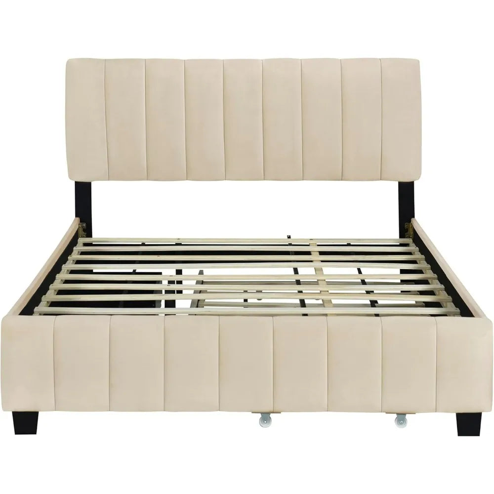 Beige Queen Upholstered Platform Bed with Storage Drawers and Twin XL Trundle, No Box Spring Required