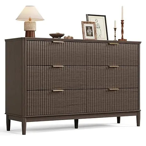 Customizable Contemporary Fluted Wood Dresser With Gold Hardware For Storage