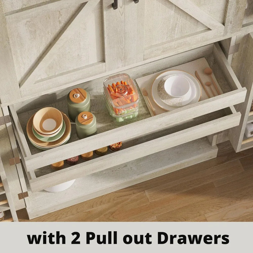 72.8" Rustic Pantry Cabinet with 4 Barn Doors, Adjustable Shelves, Freestanding Storage for Kitchen Living Room