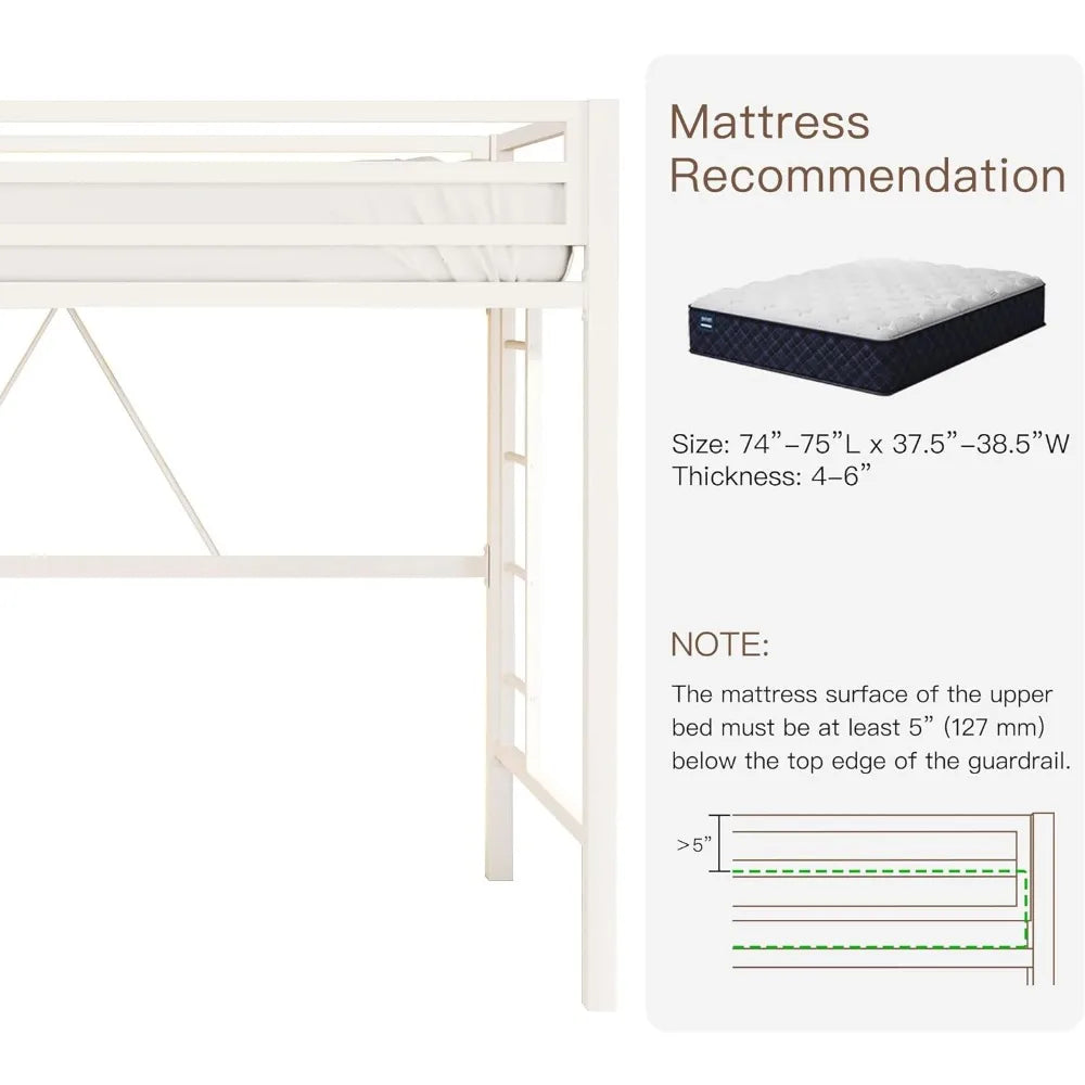 Twin Size Metal Loft Bed with Safety Rail and Ladder, No Box Spring Required, Space-Saving Cream White Bedroom Furniture