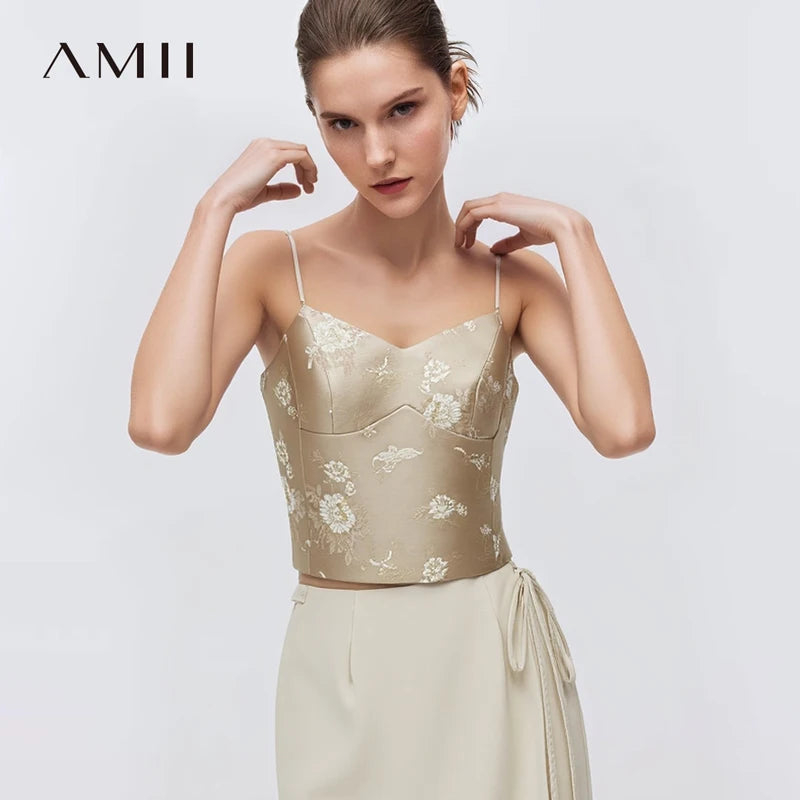 Amii Women Top 2026 Autumn New Jacquard Sling Vest Women Adjustable Shoulder Strap Inner Waist-cinching Sleeveless Top 12651005