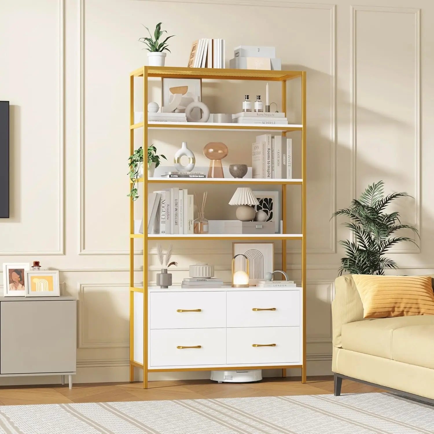 5-Tier Bookshelf with Drawers, 71" Tall Book Shelf with Storage, 35.4" Wide Industrial Etagere Bookcase, Modern Display Storage