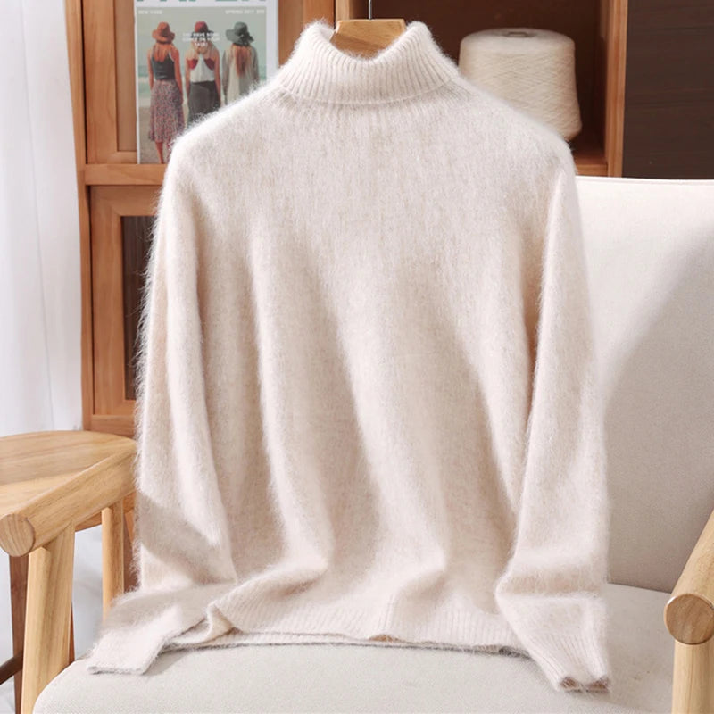 Autumn And Winter 100% Mink Cashmere Sweater, Ladies' High Lapel Solid Color Padded Pullover Wool Knitted Bottoming Shirt