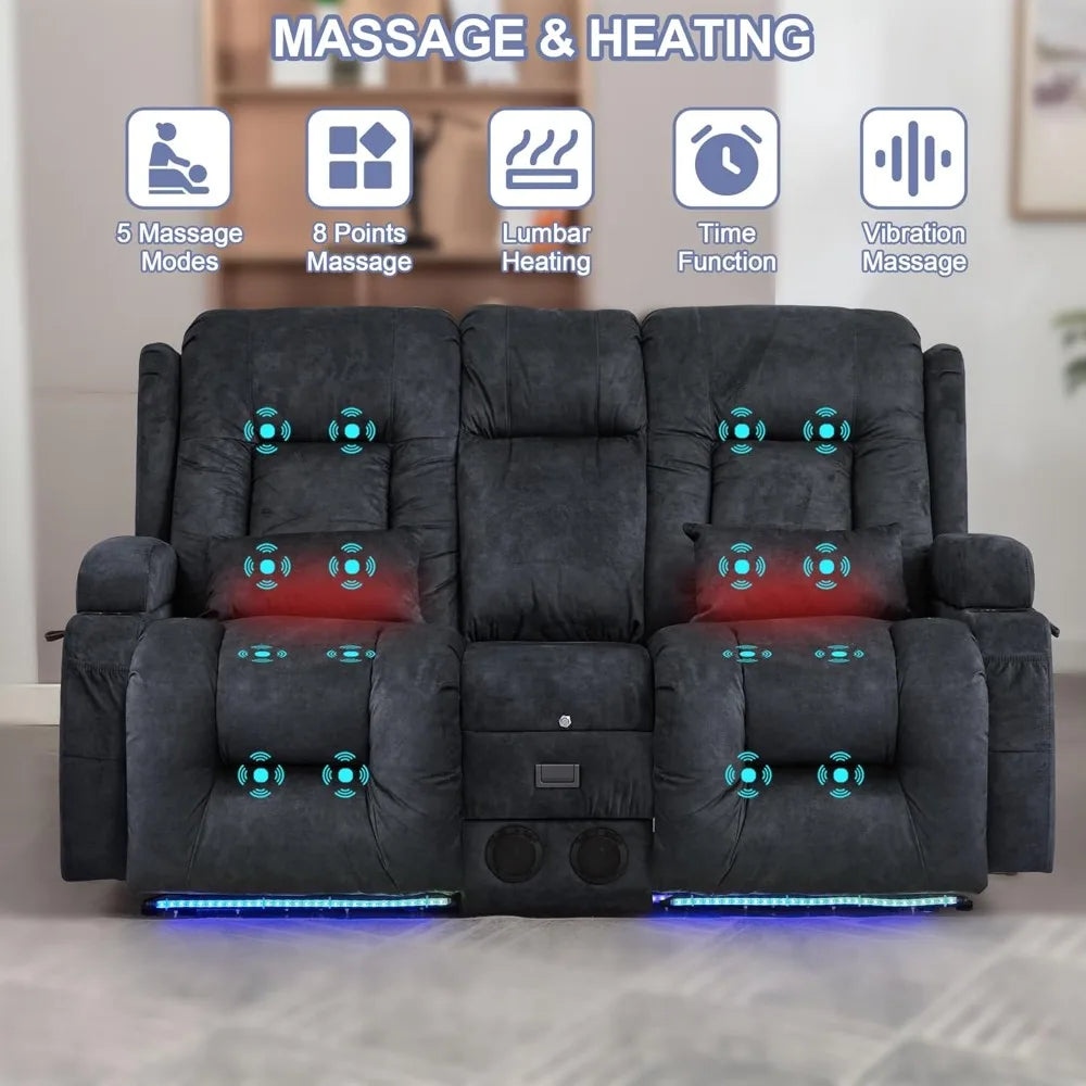 Massage and Heat Power Loveseat Recliner Sofa with Home Theater Seating and USB/Outlet Console for TV