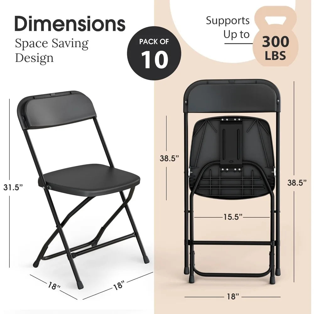 10-Pack Black Plastic Folding Chairs with Stackable Design/ High-Capacity 350 Pounds/ Steel Frame for Indoor and Outdoor Use