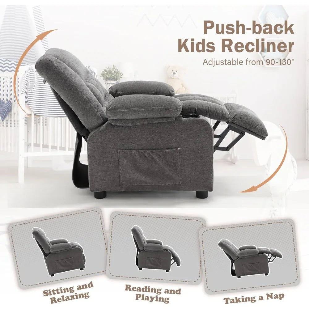 Kids Recliner Chair, Push Back Toddler Recliner with Cup Holders & Side Pockets, Adjustable Footrest & Headrest