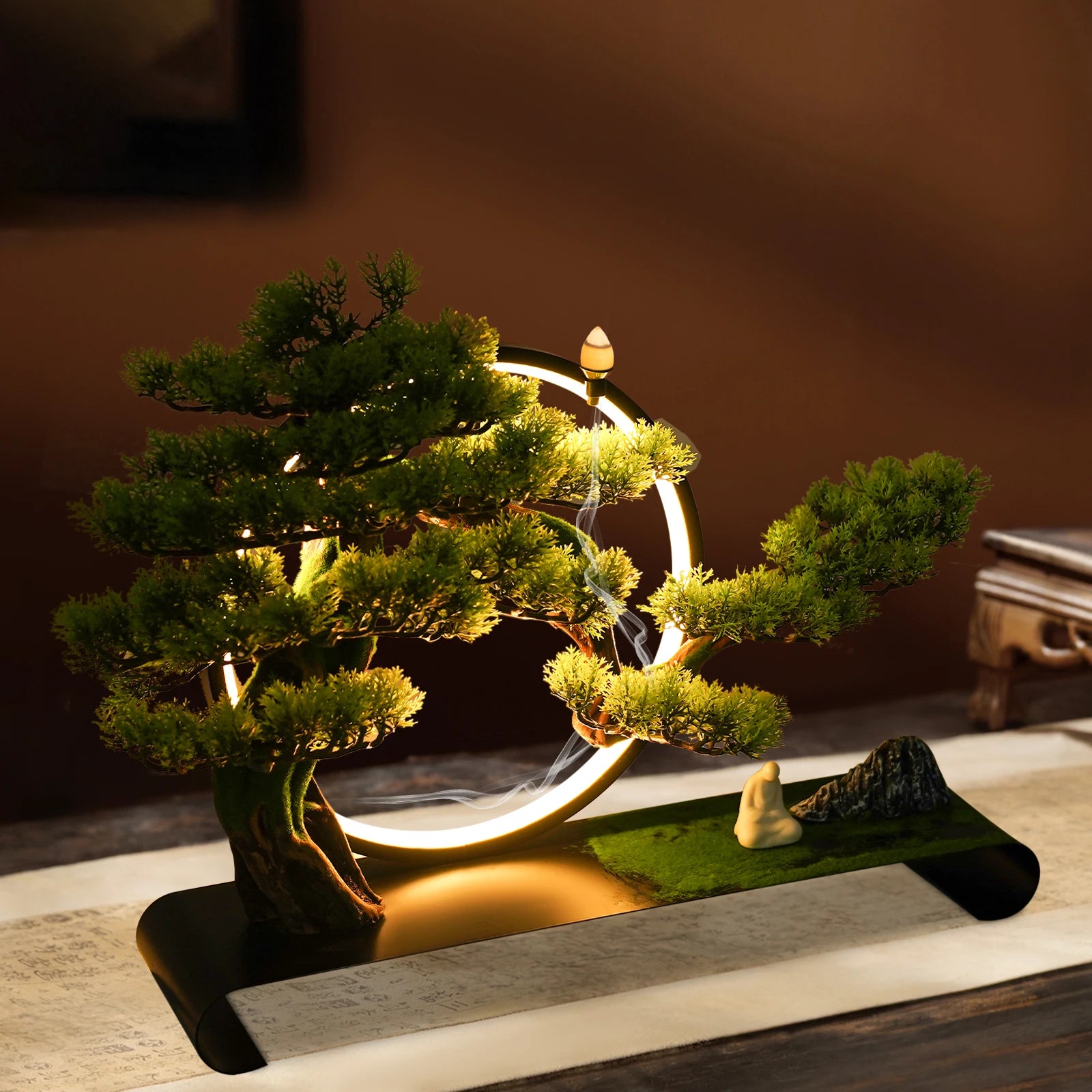 LED Dimmable Artificial Bonsai Tree/ Zen Tabletop Decor/ USB Warm Light Simulation /Pine Tree Desktop Ornament for Home/ Office/ Meditation Room