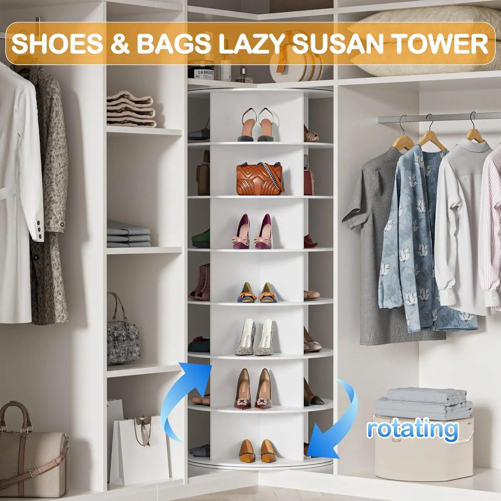 Rotating Shoe Rack Tower 7 Tier Organizer, Vertical Spinning Shoe Display/ Lazy Susan, Revolving 360 White Shoe Rack Storage