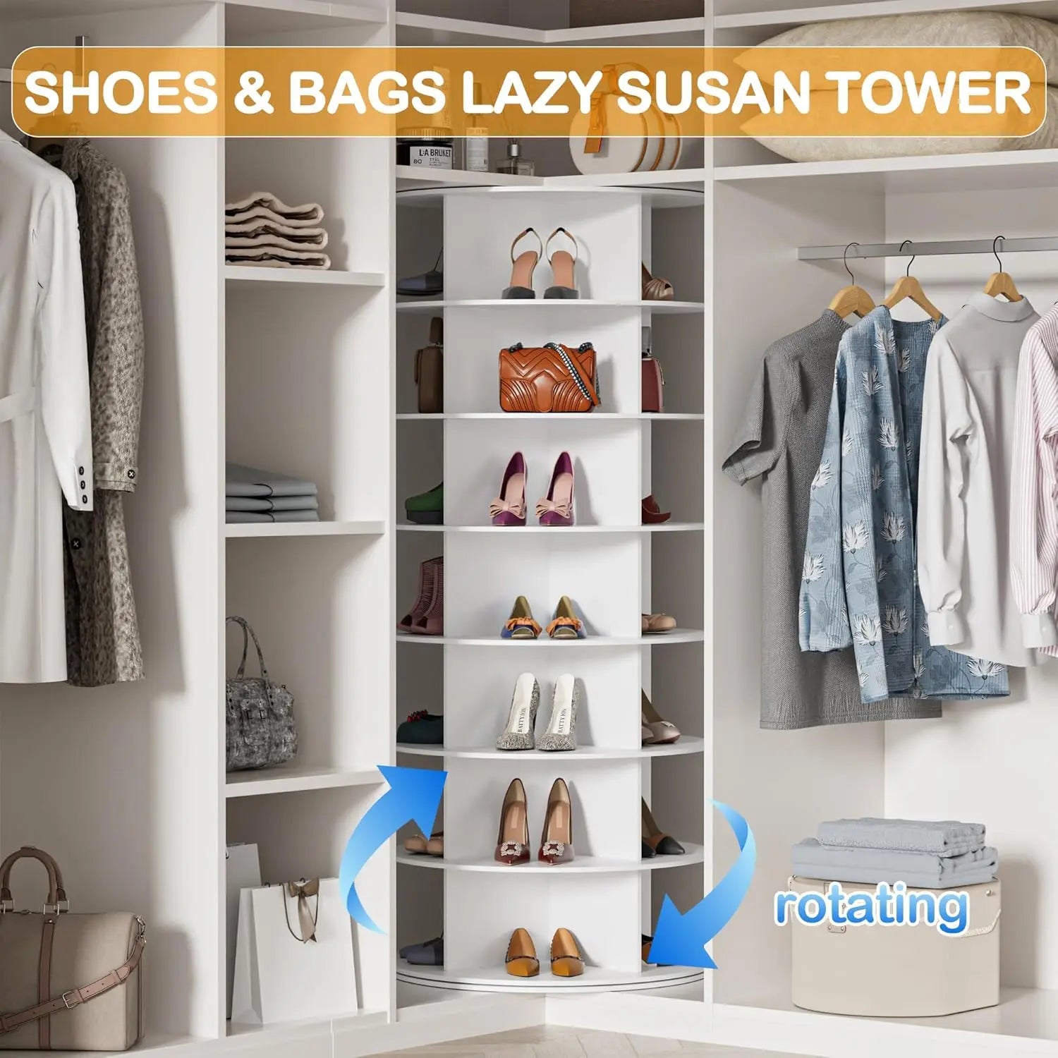 Rotating Shoe Rack Tower 7 Tier Organizer, Vertical Spinning Shoe Display/ Lazy Susan, Revolving 360 White Shoe Rack Storage
