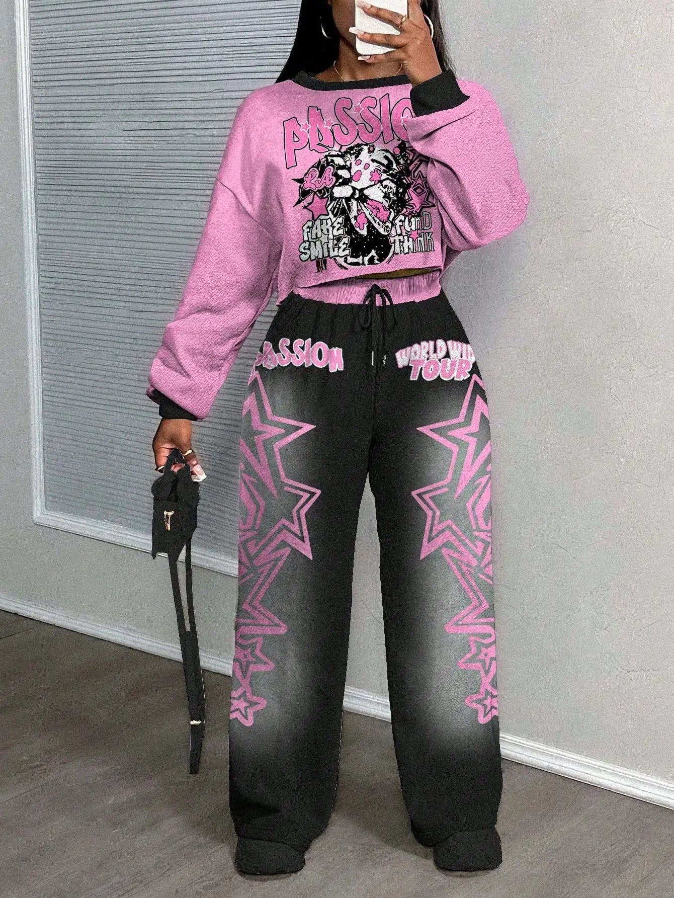 California 23 Two Piece Set Women's Streetwear Crop Top & Wide Leg Pants/Fall Winter