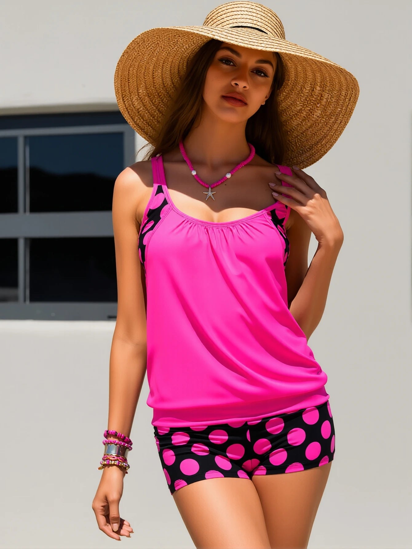 Women 2 Piece Bright Pink Tankini Swimsuit with Polka Dot Print Boy short/ Bottom Tummy Control Bathing Suit