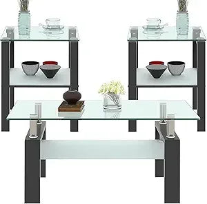 Black Glass Coffee Table Set of 3 Piece, Living Room Tables Set of 3 Pcs, Including 1 Coffee Table and 2 End Side Tables, Metal