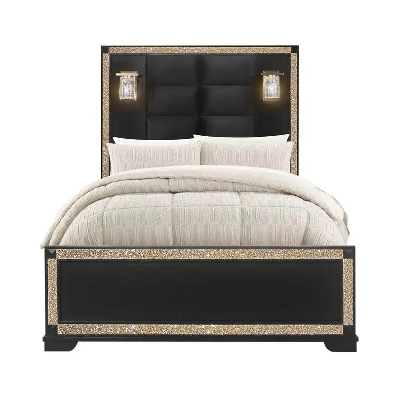 Full Bed Set in Black and Gold with Lamps