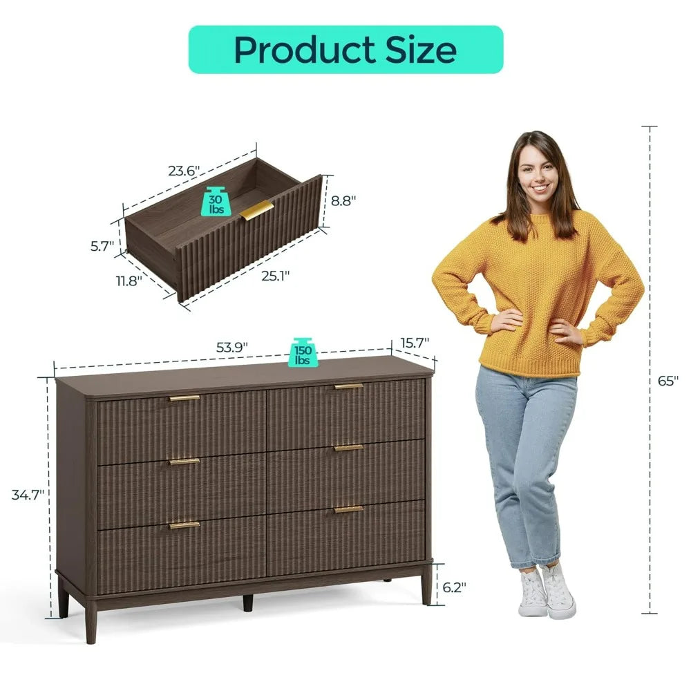 Customizable Contemporary Fluted Wood Dresser With Gold Hardware For Storage