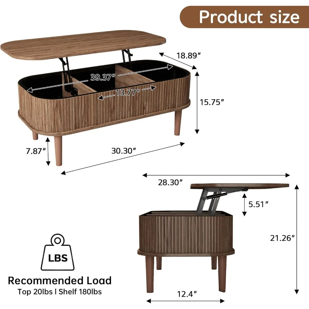 Coffee Table, Fluted Lift Top Coffee Tables for Living Room, Center Tables with Hidden Compartment, Modern Oval