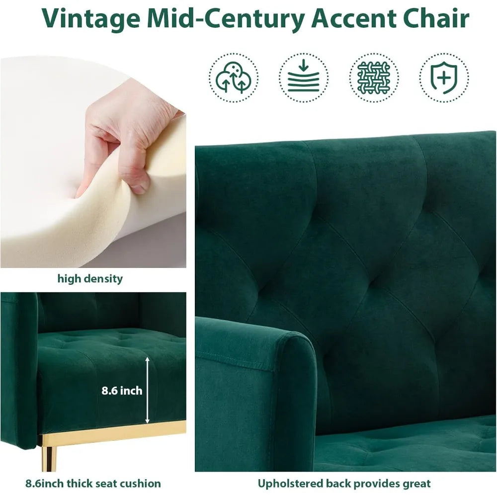 Green Velvet Accent Chairs Set of 2, Comfy Button Tufted Armchair, Upholstered Arm Chairs