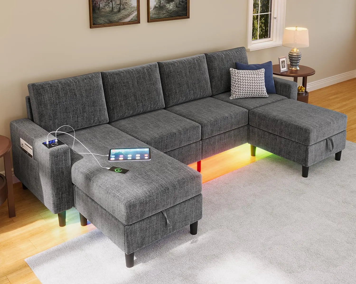 Smart Sectional Couches for Living Room, 6 Seat U/L Shaped Sectional Sofa with RGB Light/Charging,