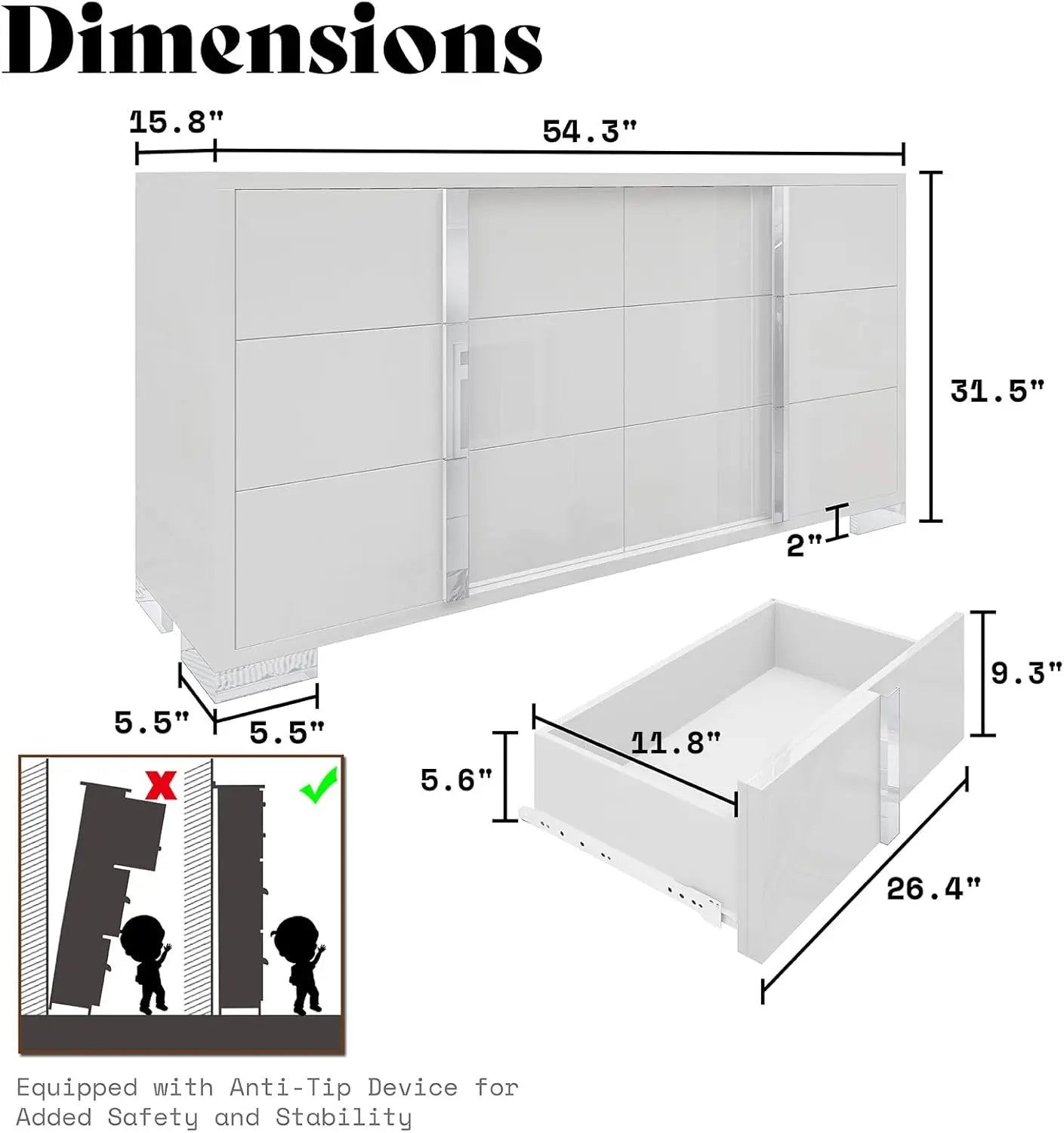 Modern Storage Chest of Drawers with Wide Tabletop,54" W High Gloss 6 Drawers Dresser with Silver Grooved Handles