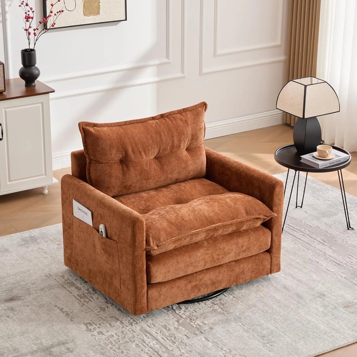 Contemporary Chenille Swivel Chair, Comfortable Fabric-Covered Accent Seat with 360-Degree Metal Swivel Base