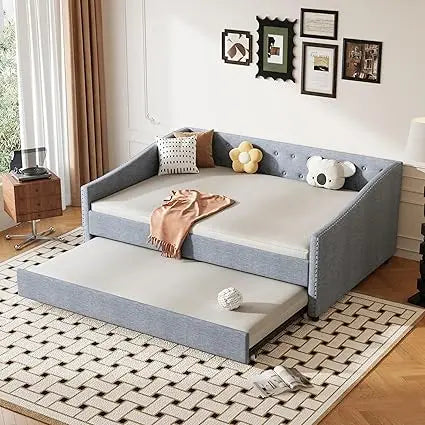 Full Size Tufted Daybed with Trundle and Waved Arm Piping for Guest Bedrooms/Living Rooms