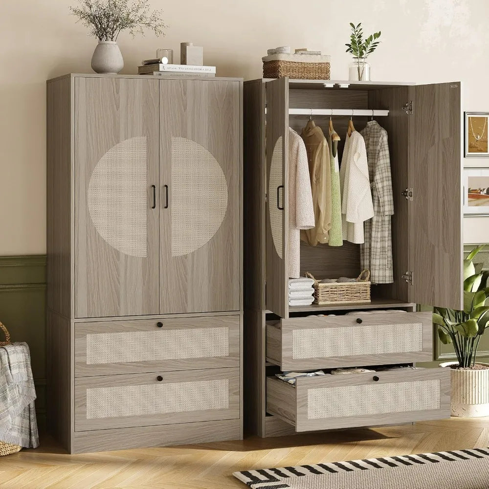 Large Wooden Boho Wardrobe with 2 Drawers, 65" High, Rattan Door Accents, and Hanging Rod for Bedroom