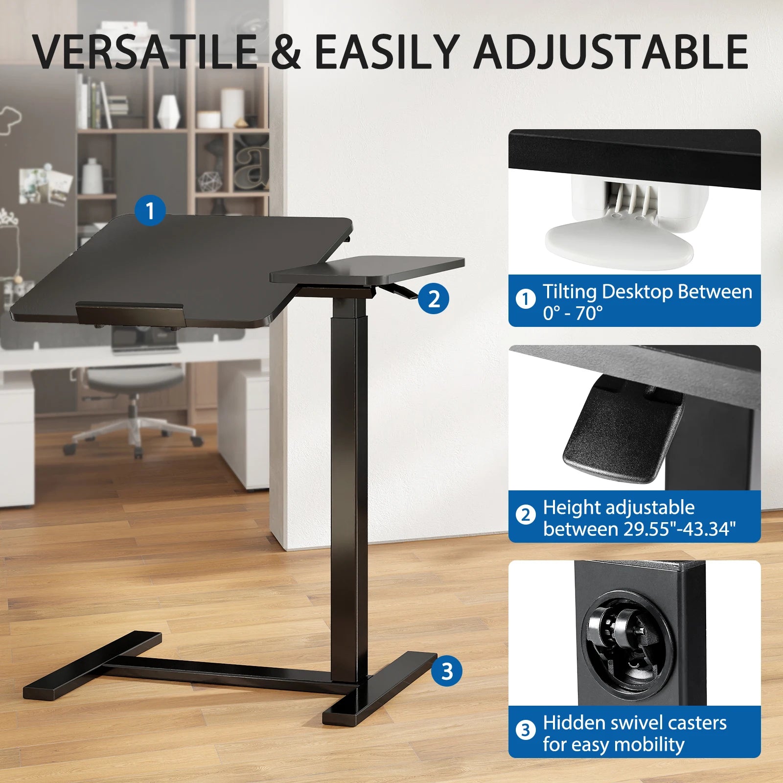 Overbed Bedside Flip Lap Desk with Wheels and Tilt Top Adjustable Height Home Use Bed Table Mobile Standing Desk For Bedroom