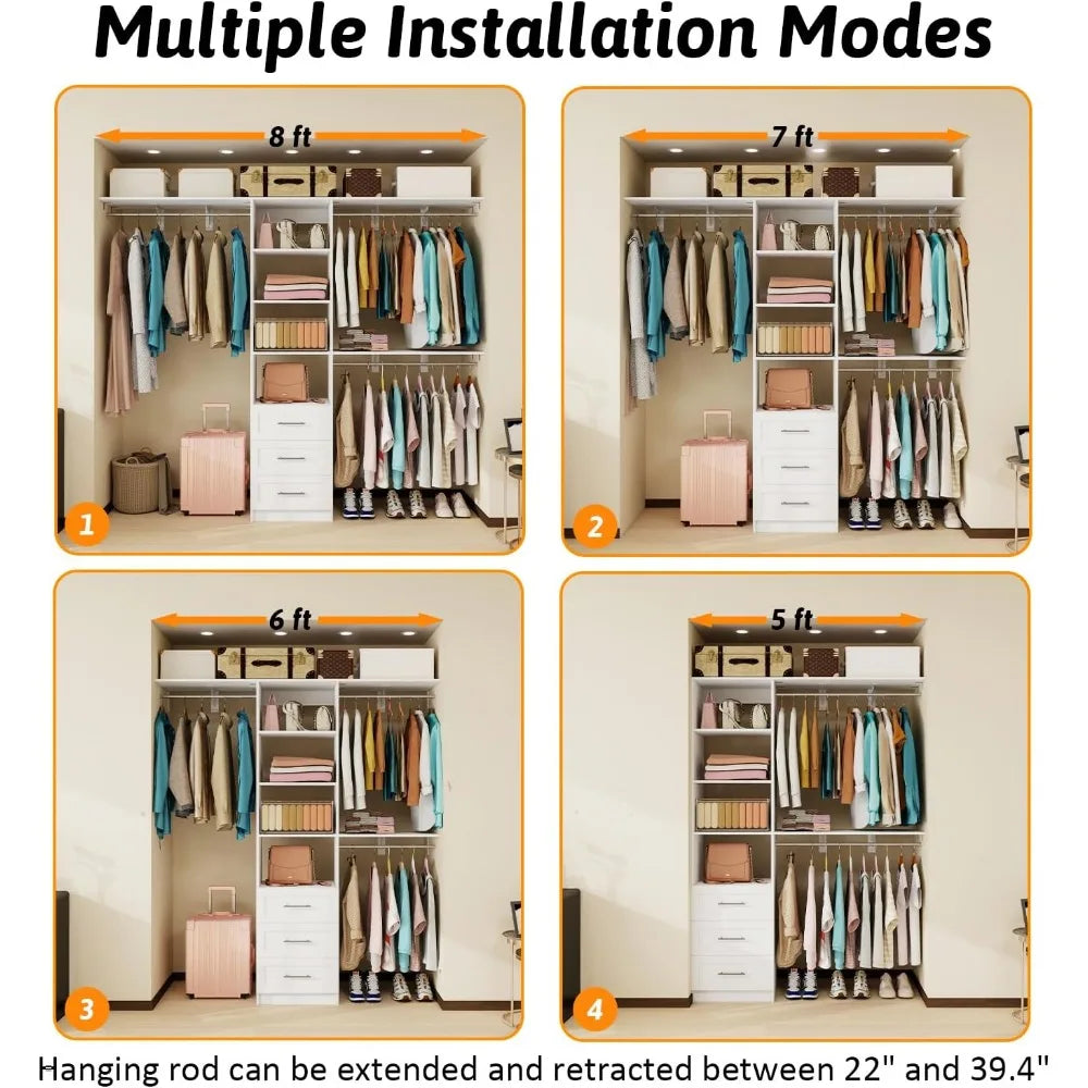 Closet System with Drawers, 5FT-8FT Closet Organizer System with Shelves & Expandable Hanging Rods