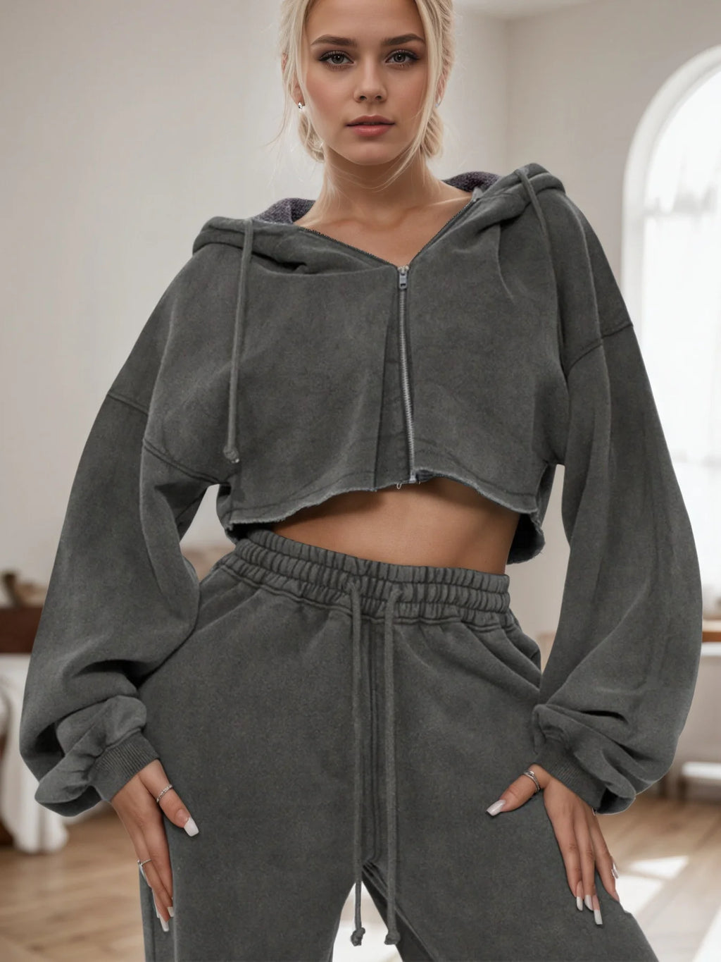 New Women's Solid Color Long Sleeve Hooded Zipper Sweatshirt and Casual Joggers Set