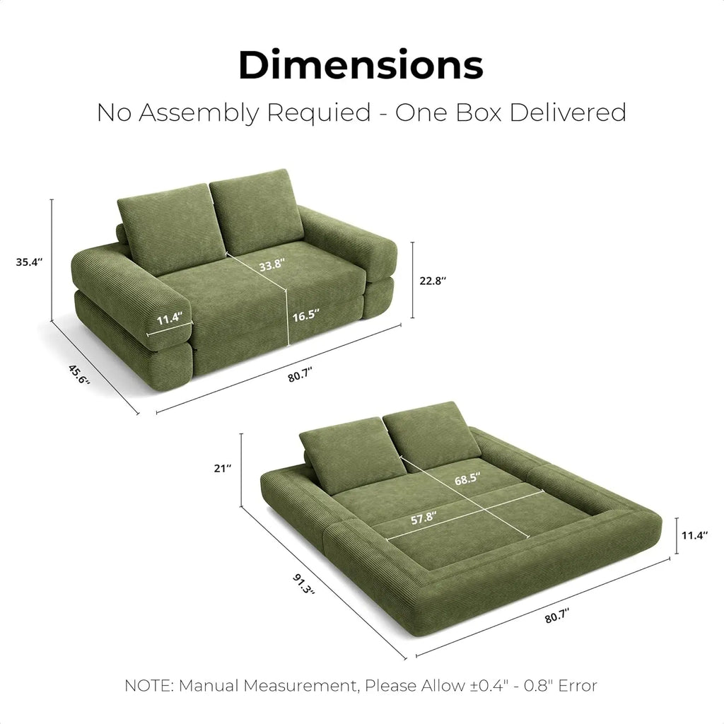 Convertible Sleeper Sofa Bed Floor Sofa 3-in-1 No Assembly, Foldable Mattress with Corduroy Upholstery Green, Dark Grey