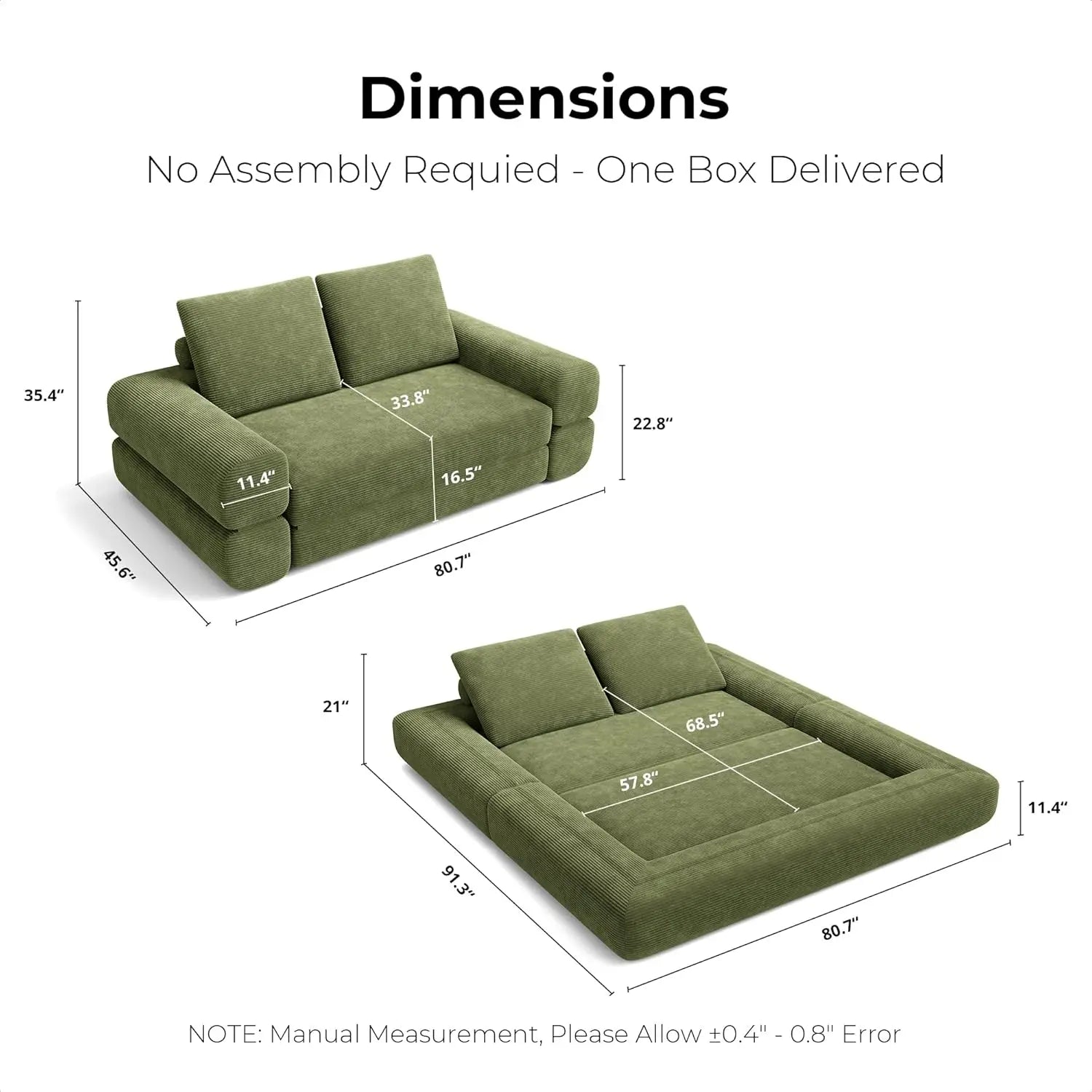 Convertible Sleeper Sofa Bed Floor Sofa 3-in-1 No Assembly, Foldable Mattress with Corduroy Upholstery Green, Dark Grey