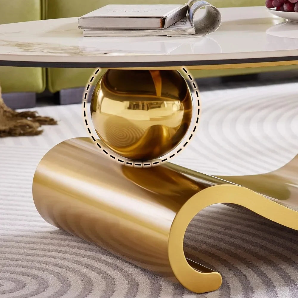 49.2-Inch Modern Oval Faux Marble Coffee Table with Sturdy Gold Metal Base - Luxury Living Room Furniture for Home Decor