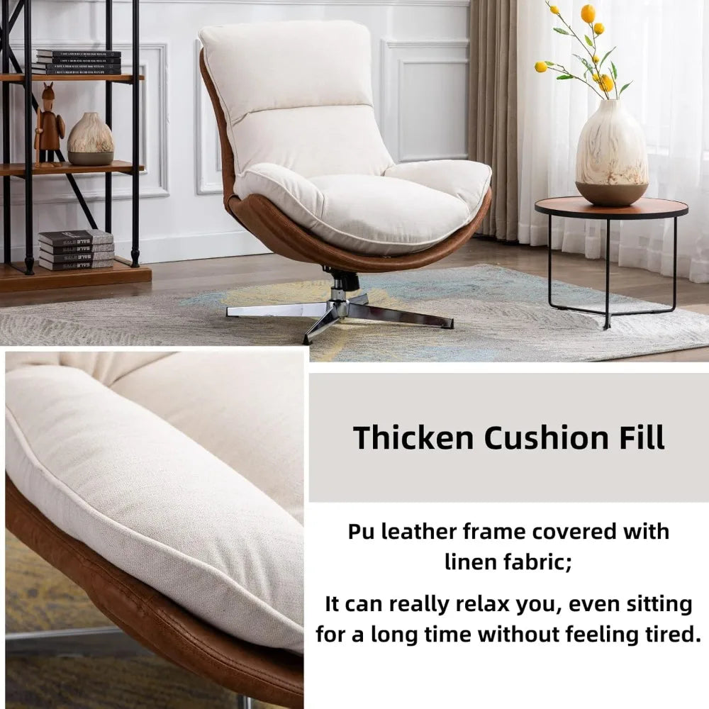 Linen Swivel Lounge Chair, Upholstered High Back Accent Chair with Metal Base Armless Comfy Modern Recliner Chair for Living Room