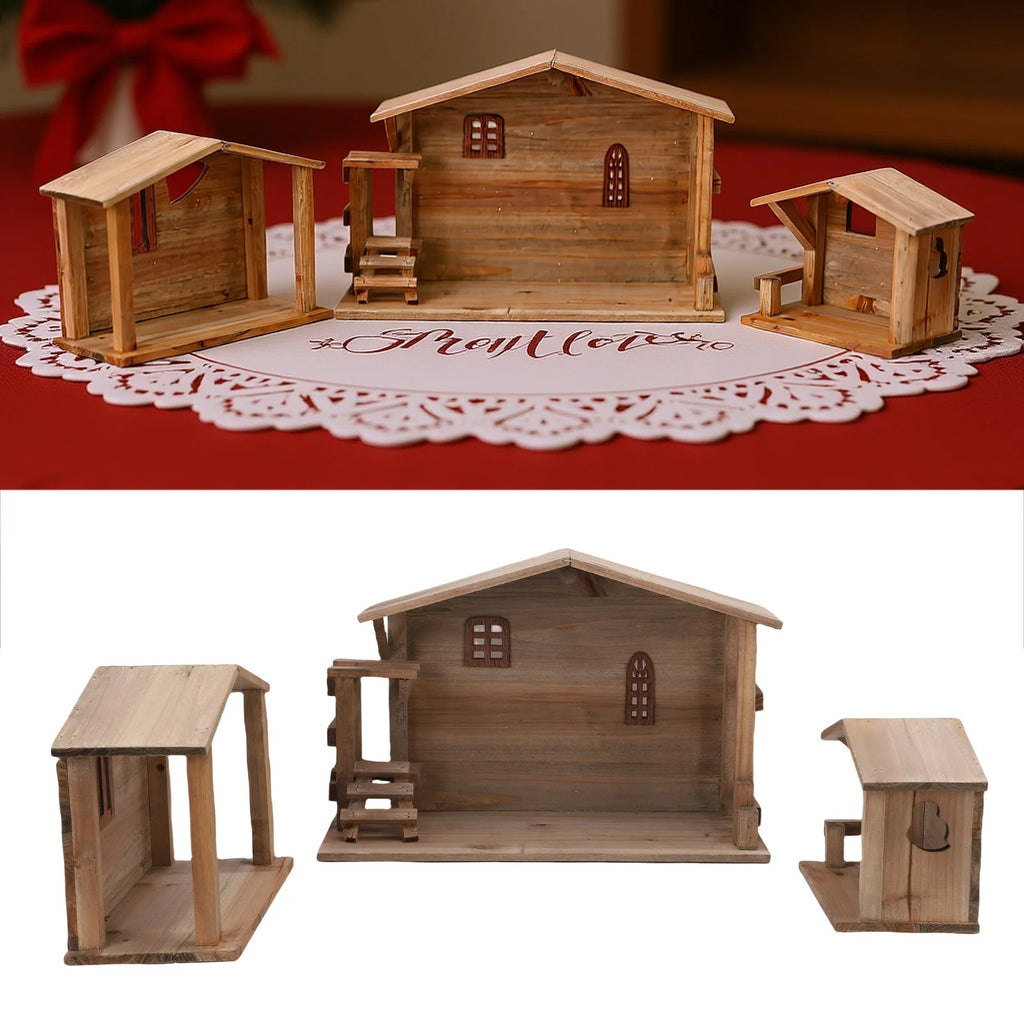 Wooden Christmas Stable Decor - Solid Wood Rustic Stackable House Ornament for Tabletop, Fireplace, Kitchen & Holiday DIY