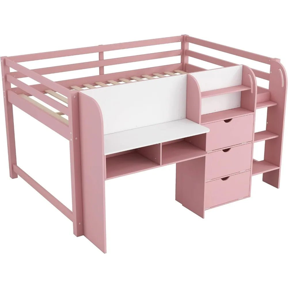 Modern Farmhouse Style Kids Full Size Low Loft Bed with Desk, Storage, and Bookcase