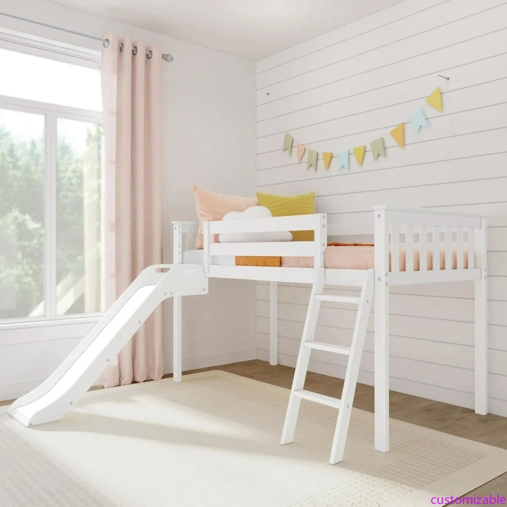 Twin-Size Low Loft Bed with Slide and Ladder - Durable Solid Wood Children's Bedroom Furniture, Supports Up to 400 Pounds