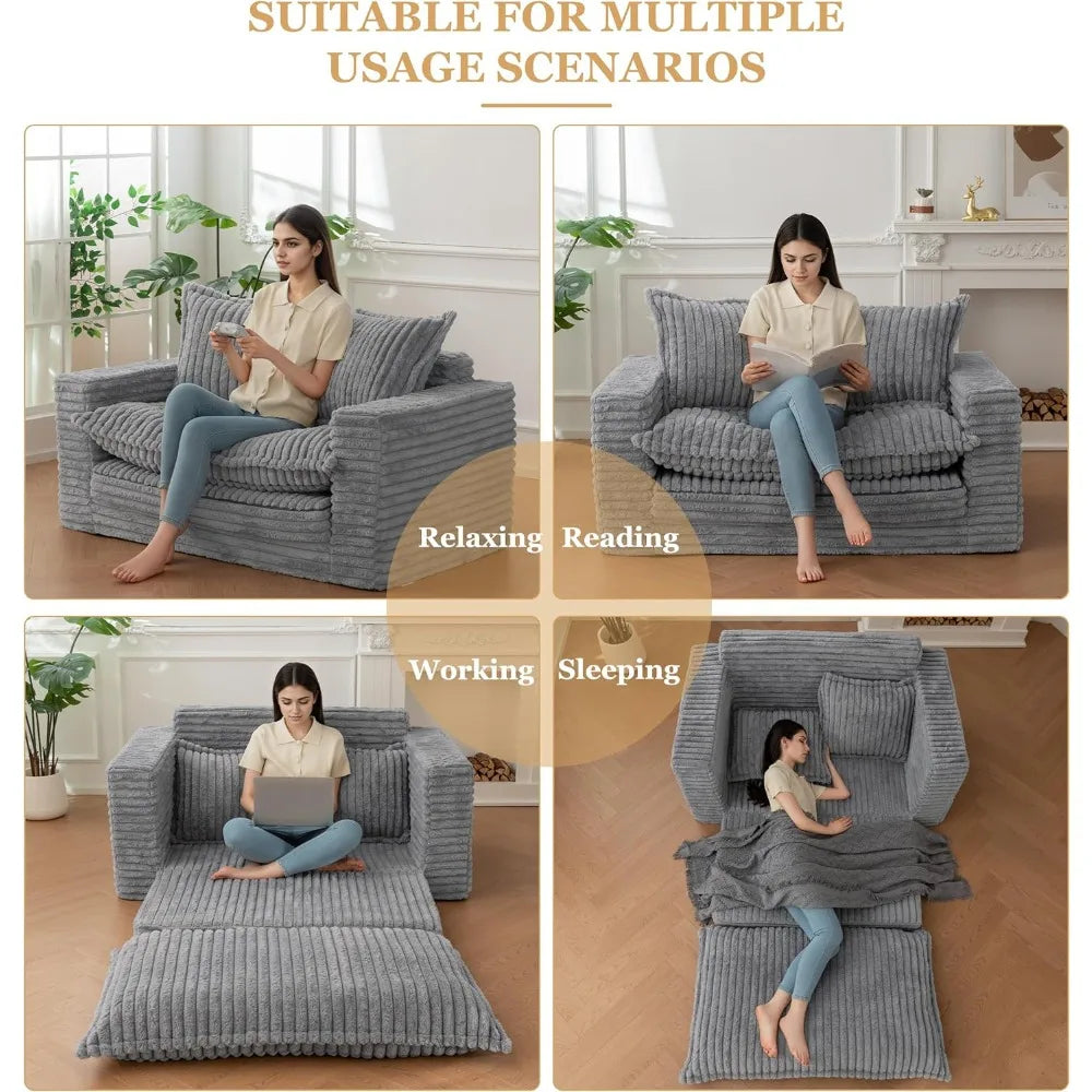 3-in-1 Pull Out Floor Couch with Washable Cushion and Pillows, Loveseat Sleeper Sofa, Convertible Sofa Bed/ Futon Couches