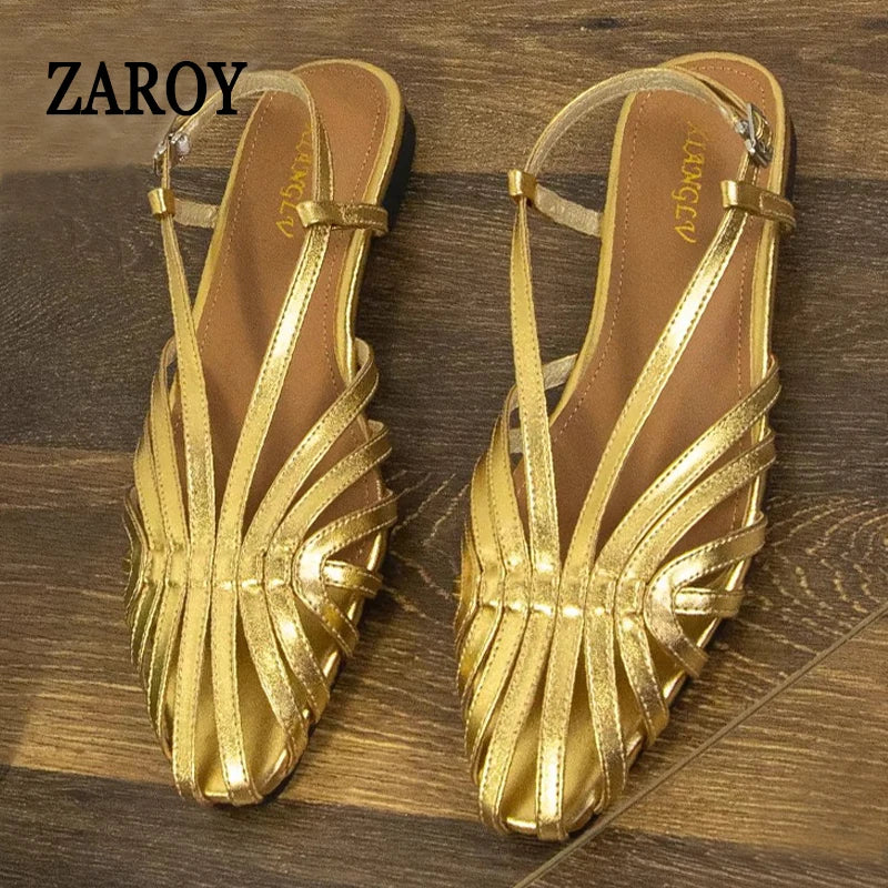 Narrow Band Women Flat Sandals Large Size Designer Brand Banquet Wedding Shoes Summer Hollow Beach Gladiator Sandals