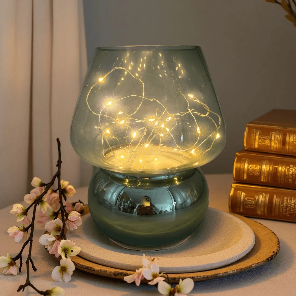 Glass Mushroom Table Lamp/ Battery Operated, Cute Mushroom Shaped LED Fairy Light, Portable Mini Glass Night Light for Bedroom Decor/ Corner Ambient Lighting, Battery Powered (Battery Not Included)