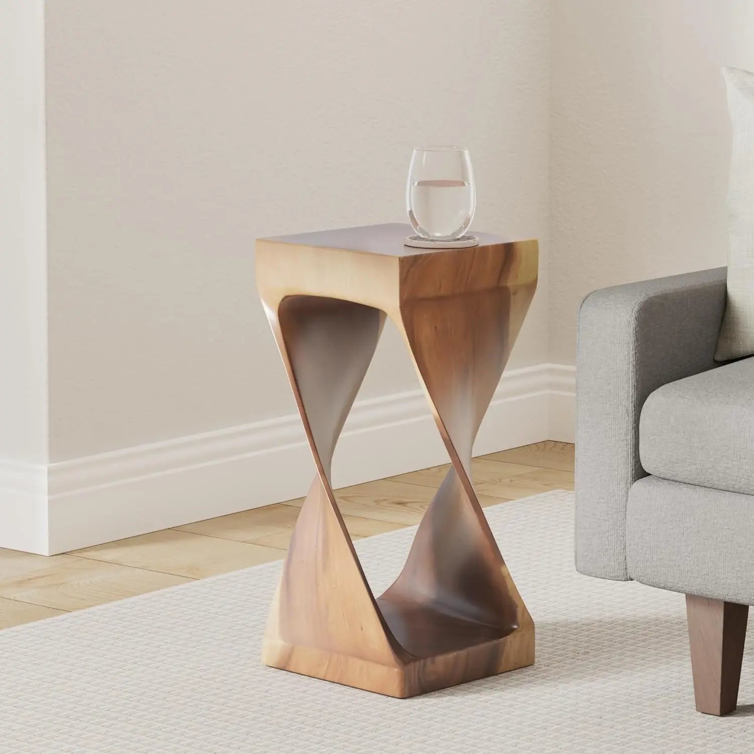 Furniture Solona Solid Wood Side Table, Acacia Whimsical Carved Design, Finish, Functional and Visually Alluring