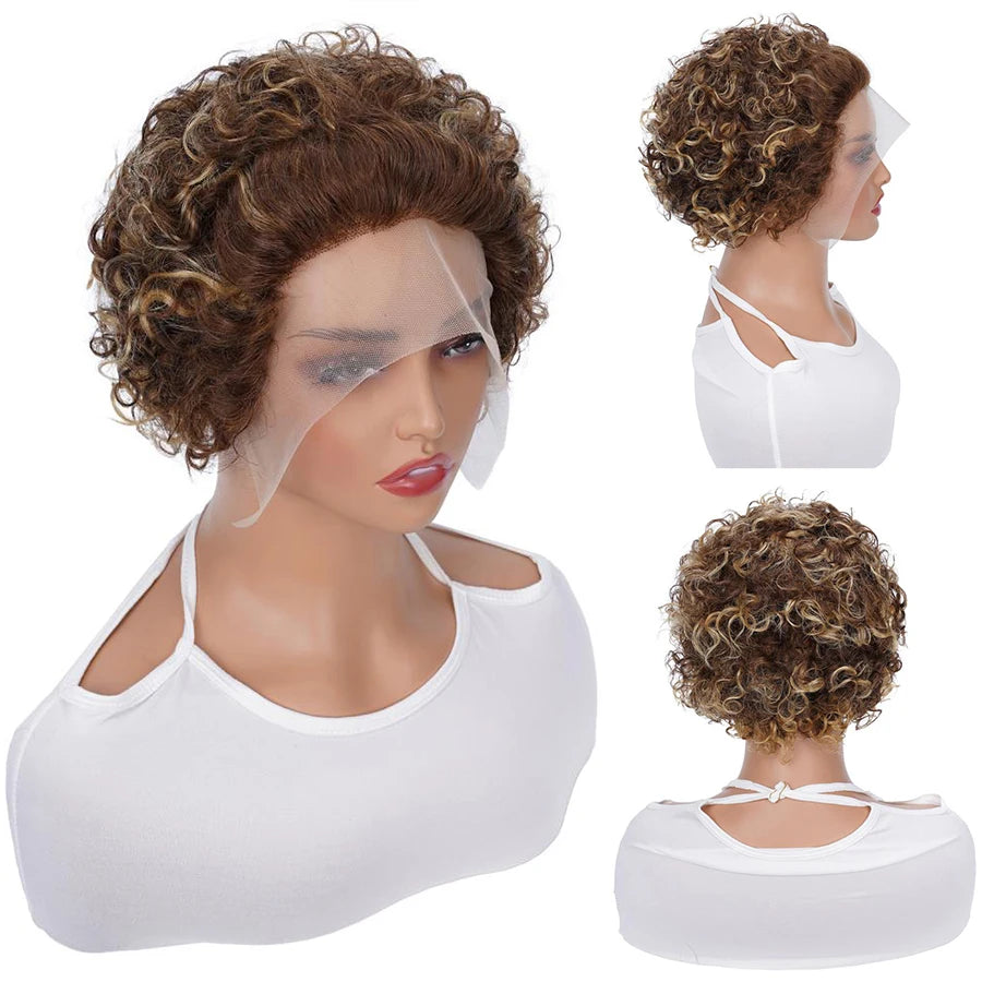 P4/27 Short Pixie Cut Curly Styled Bob Wig Hightlight Lace Front Wig Deep Wave Short P4/27 13x1 100% Human Hair Daily Wig 6inch