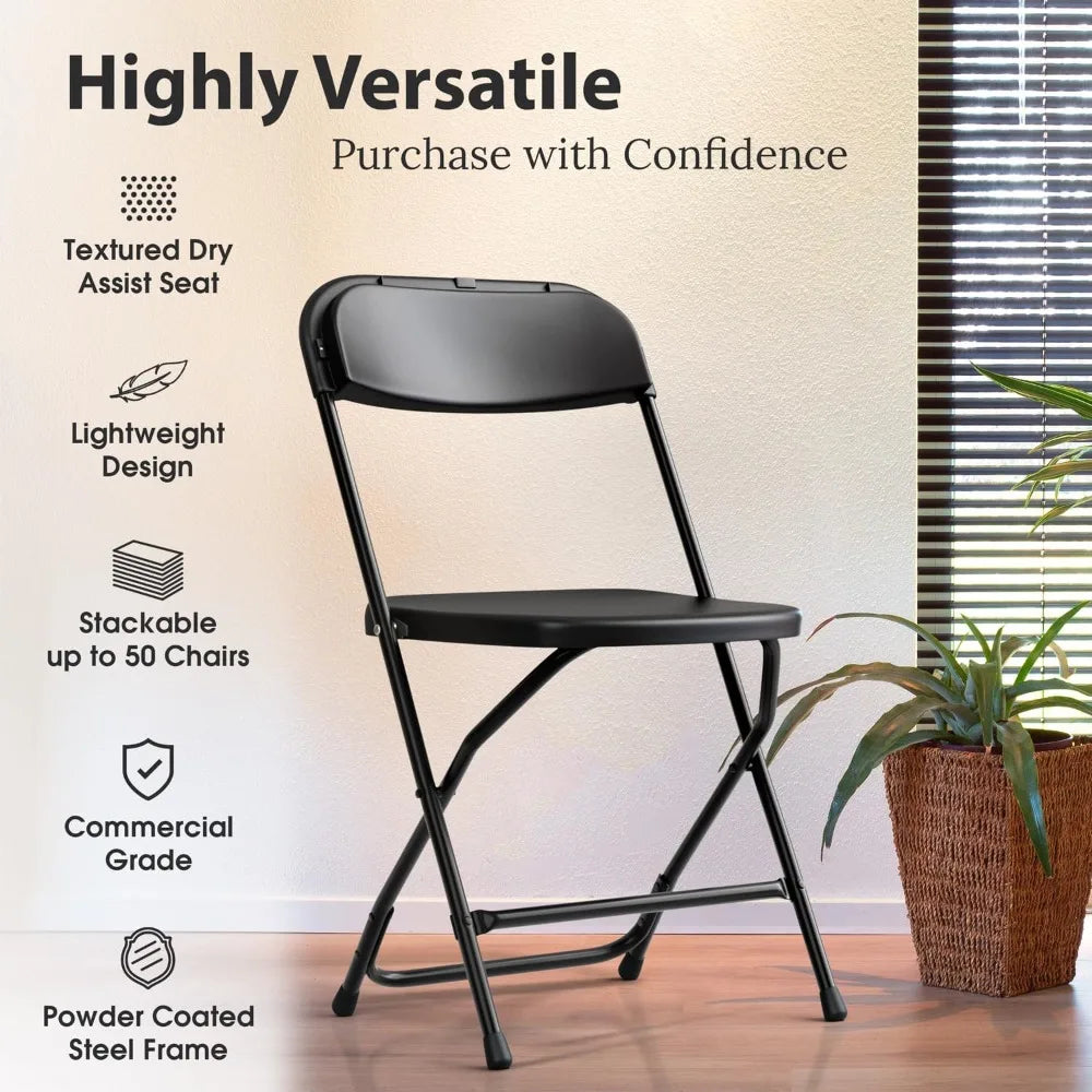 10-Pack Black Plastic Folding Chairs with Stackable Design/ High-Capacity 350 Pounds/ Steel Frame for Indoor and Outdoor Use