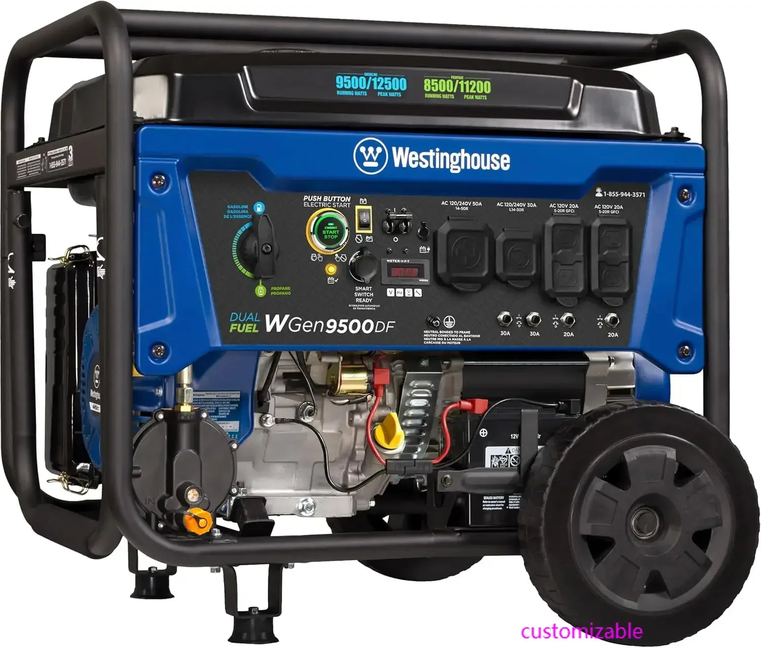 12500 Watt Dual Fuel Home Backup Portable Generator, Remote Electric Start, Transfer Switch Ready, Gas and Propane Powered