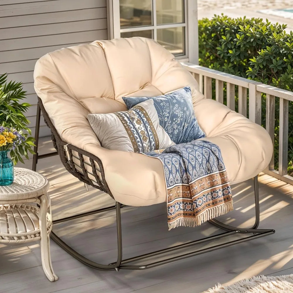 YITAHOME Rocking Papasan Chair, Wide Rocking Chair, Comfy Indoor and Outdoor Lounge Chair with Thick Cushion for Bedroom, Living