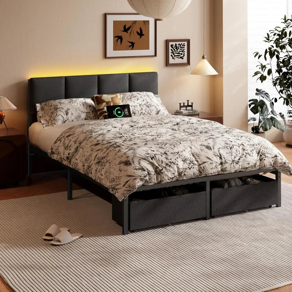 Bed Frame with Headboard, Bed Full with LED Light, USB Charging Station, Platform Bedframe with 2 Fabric Underbed Storage