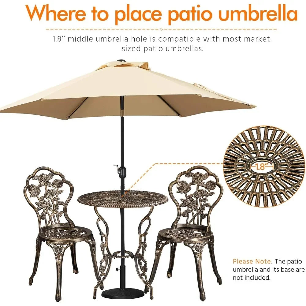 3-Piece Outdoor Bistro Set w/Rose Design, Rust-Resistant Cast Aluminum Table and Chairs w/Umbrella Hole for Balcony, Backyard, Garden