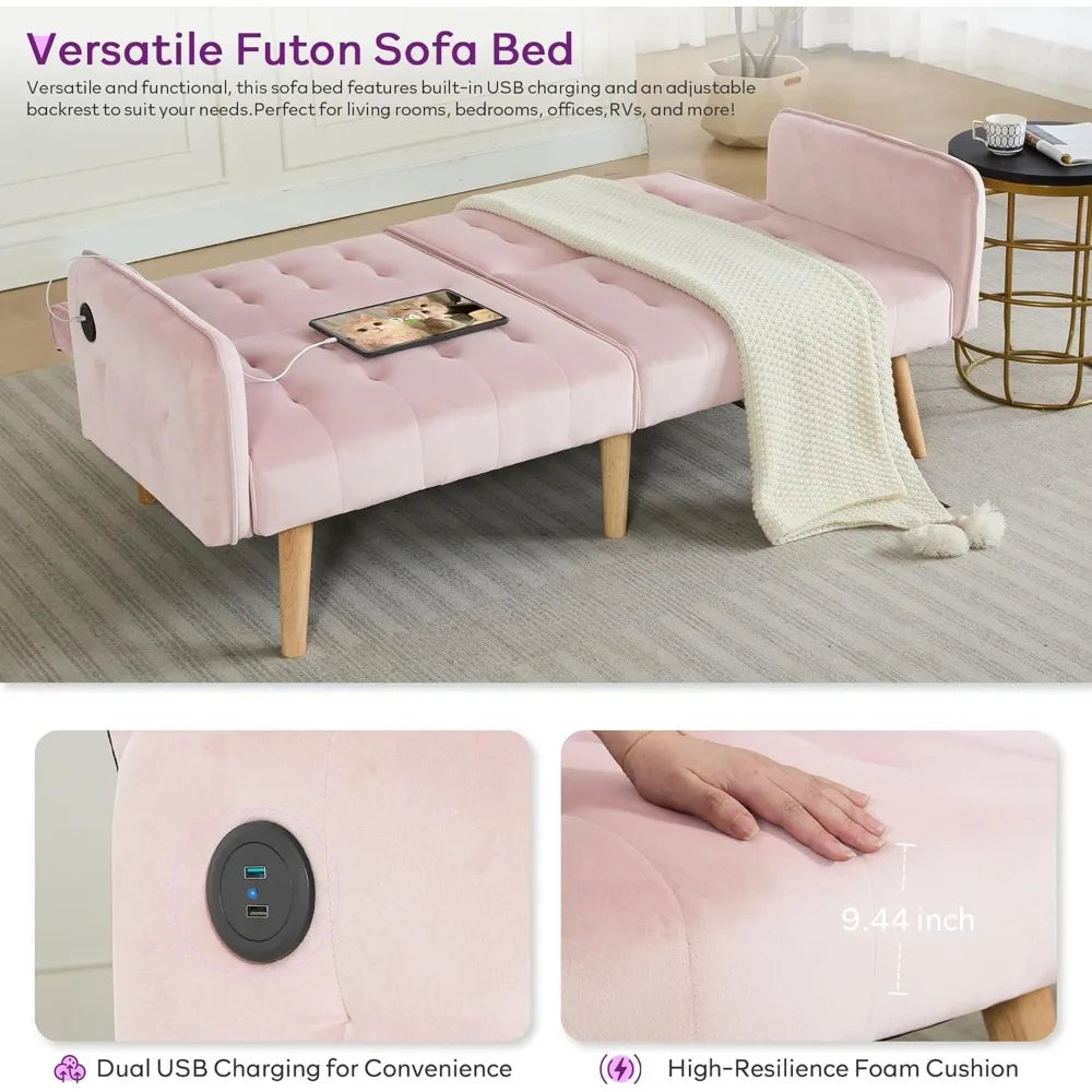 65-inch Wide Velvet Modern Convertible Futon Sofa Bed with USB Charging Ports and Arms, Ideal for Compact Living Spaces