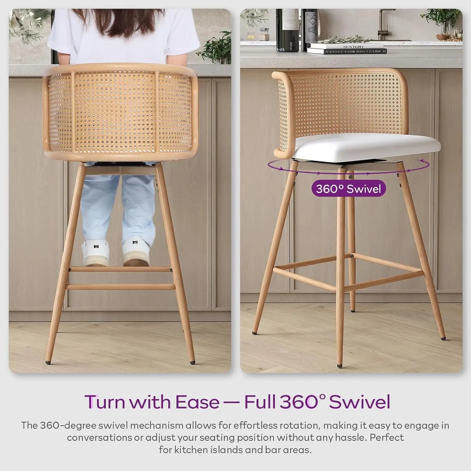 NEW Swivel Rattan Bar Stools Set of 2, 26” Counter Height Stools with Natural Rattan Woven Back and Faux Leather Seat
